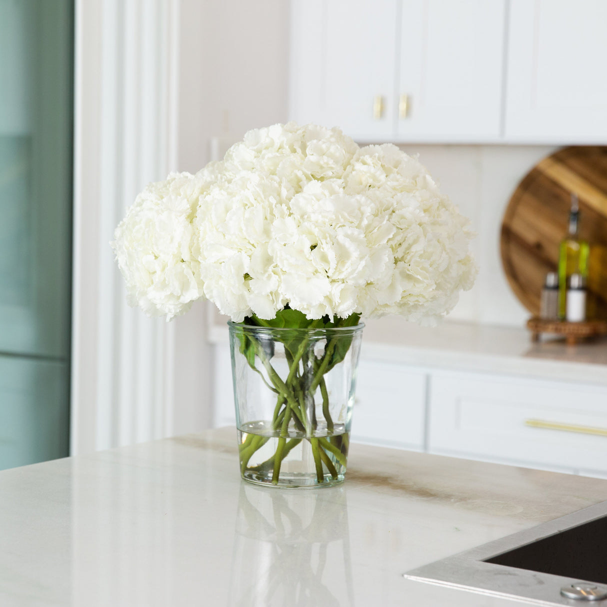 Signature Collection 18” Blooming Hydrangea Artificial Arrangement in Glass Vase-Arrangement-Parc Decor