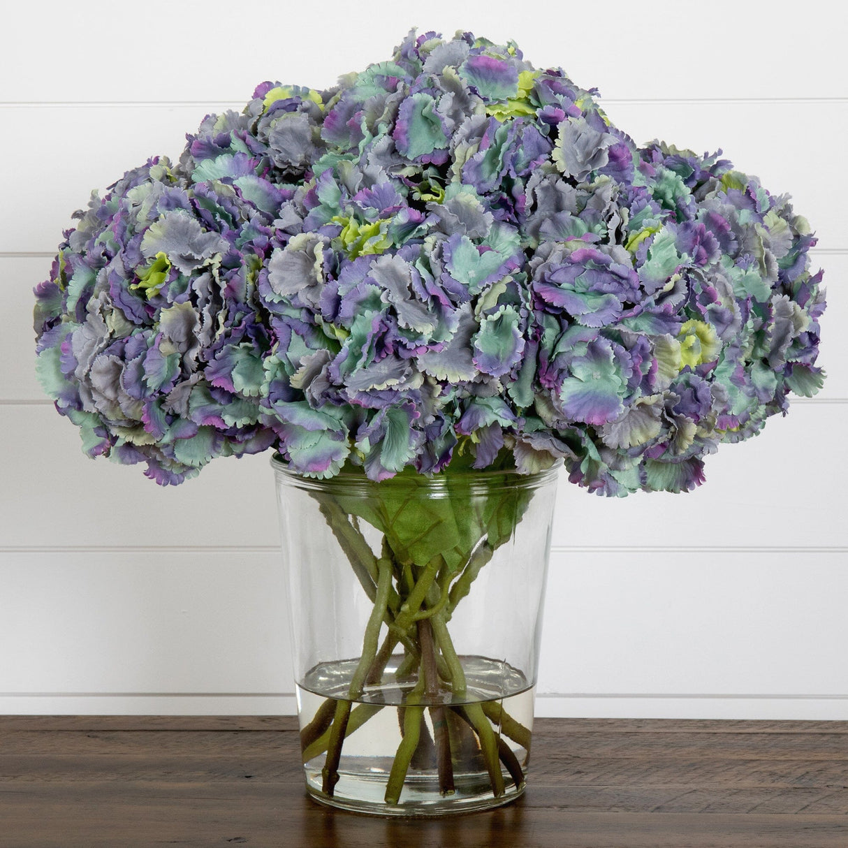 Signature Collection 18” Blooming Hydrangea Artificial Arrangement in Glass Vase-Arrangement-Parc Decor