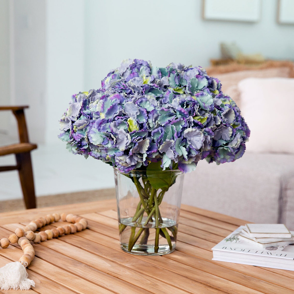 Signature Collection 18” Blooming Hydrangea Artificial Arrangement in Glass Vase-Arrangement-Parc Decor