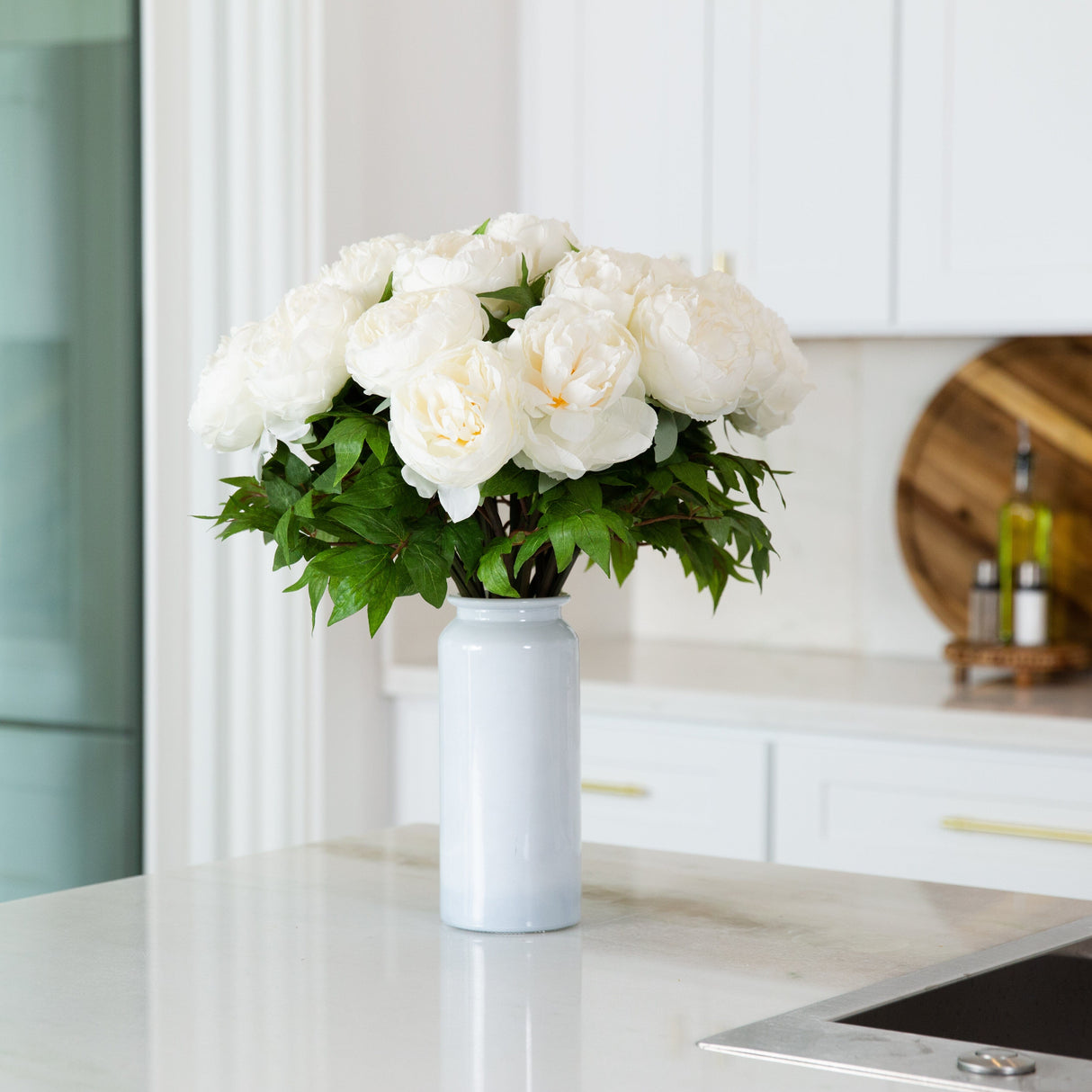 Signature Collection 20” Peony Artificial Arrangement in White Glass Vase-Arrangement-Parc Decor