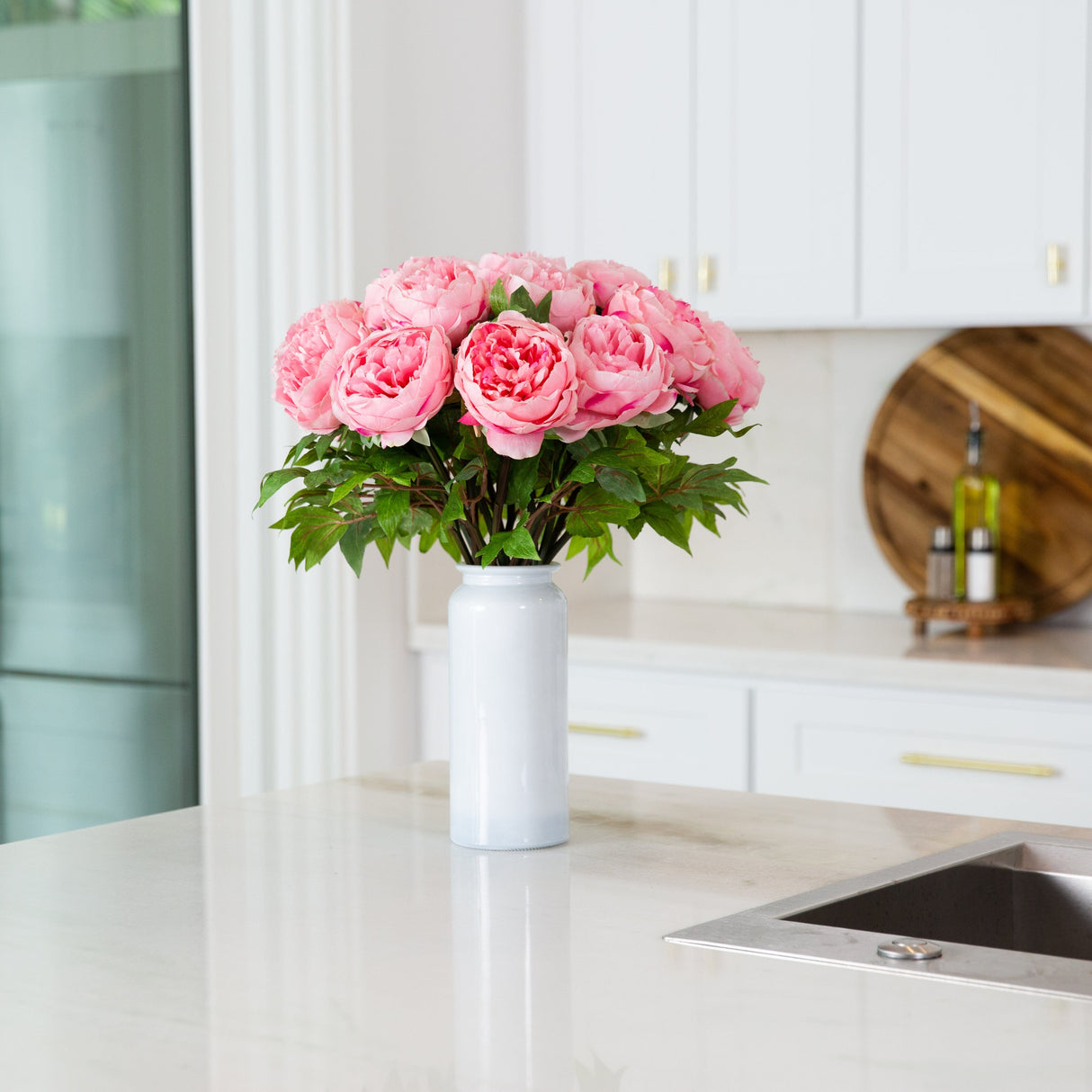Signature Collection 20” Peony Artificial Arrangement in White Glass Vase-Arrangement-Parc Decor