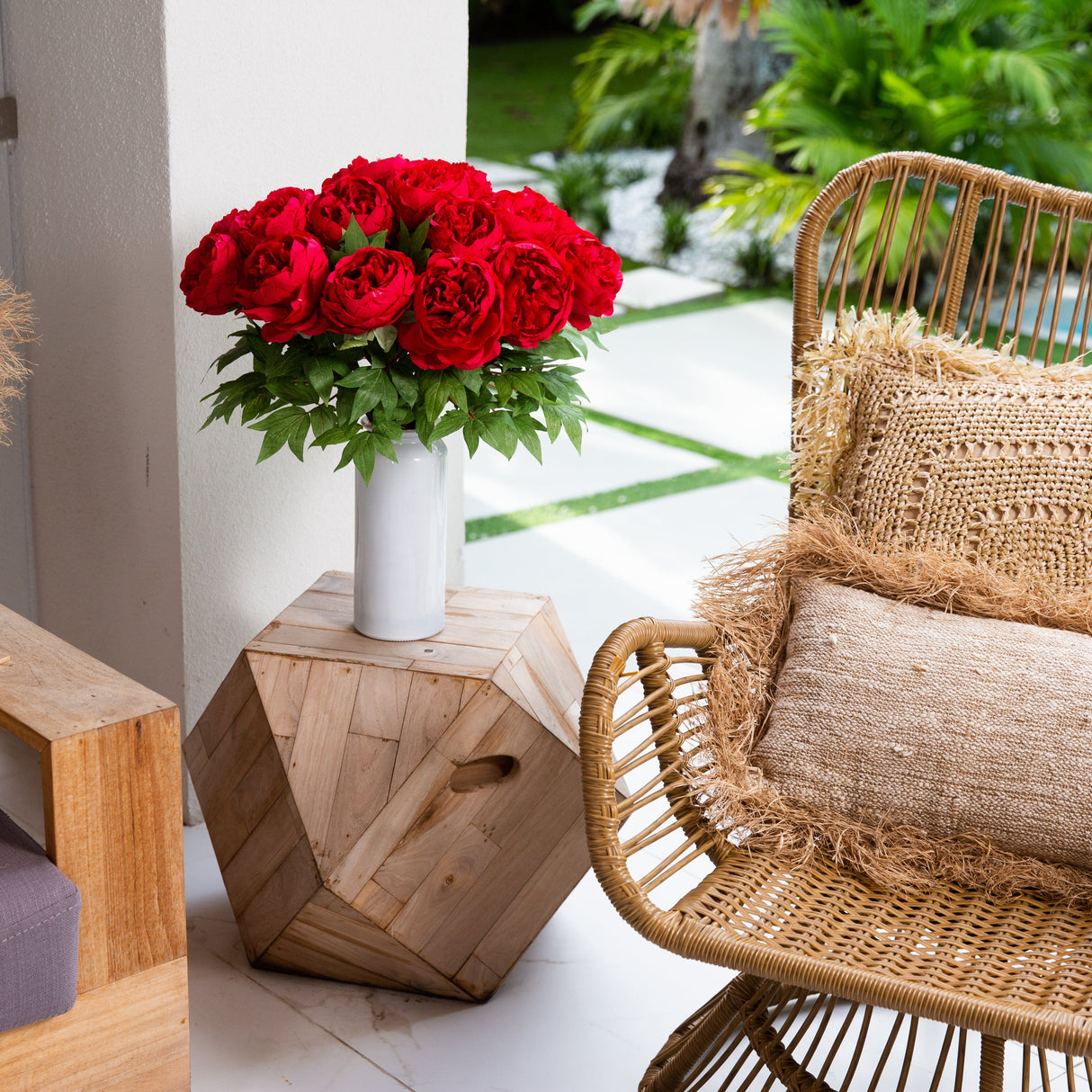 Signature Collection 20” Peony Artificial Arrangement in White Glass Vase-Arrangement-Parc Decor