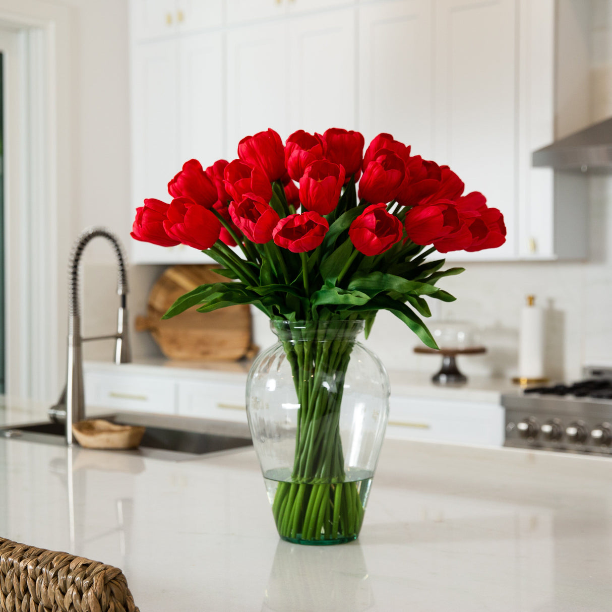 Signature Collection 24” Tulip Artificial Arrangement in Glass Vase-Arrangement-Parc Decor