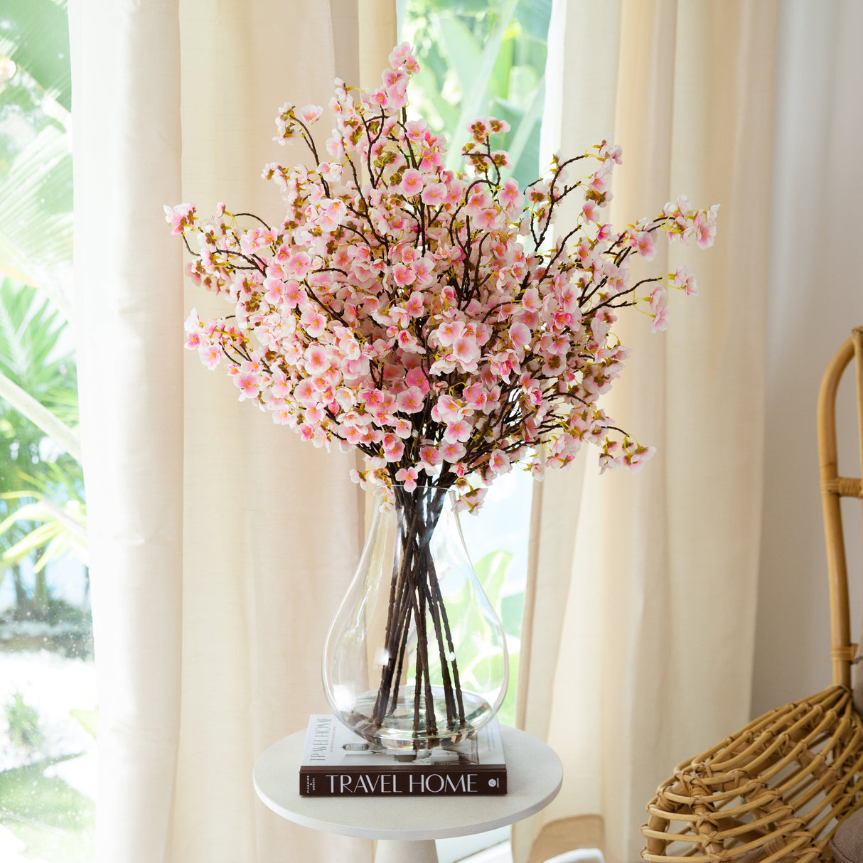 Signature Collection 27” Giant Cherry Blossom Artificial Arrangement in Glass Vase-Arrangement-Parc Decor
