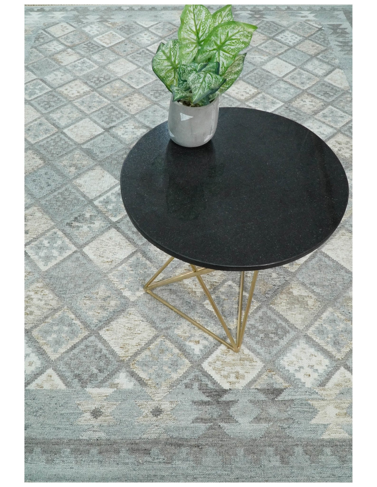 Silver and Beige Modern Geometrical Dhurrie Wool and Viscose Rug