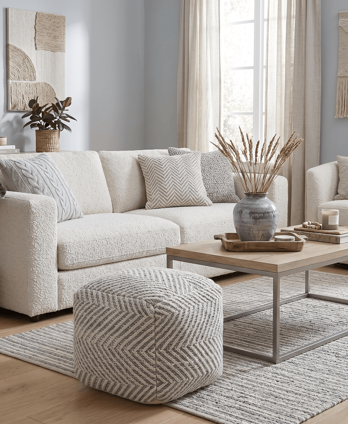 Silver and Beige Modern Style Leather and Chenille Pouf