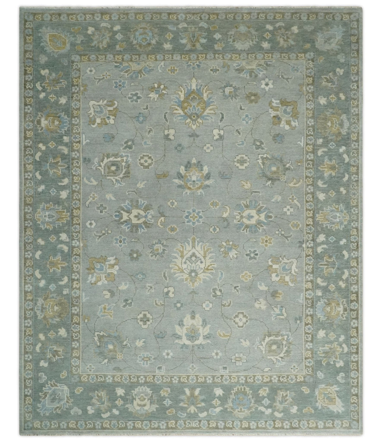 Silver and Brown Antique Traditional Floral Oushak wool area Rug