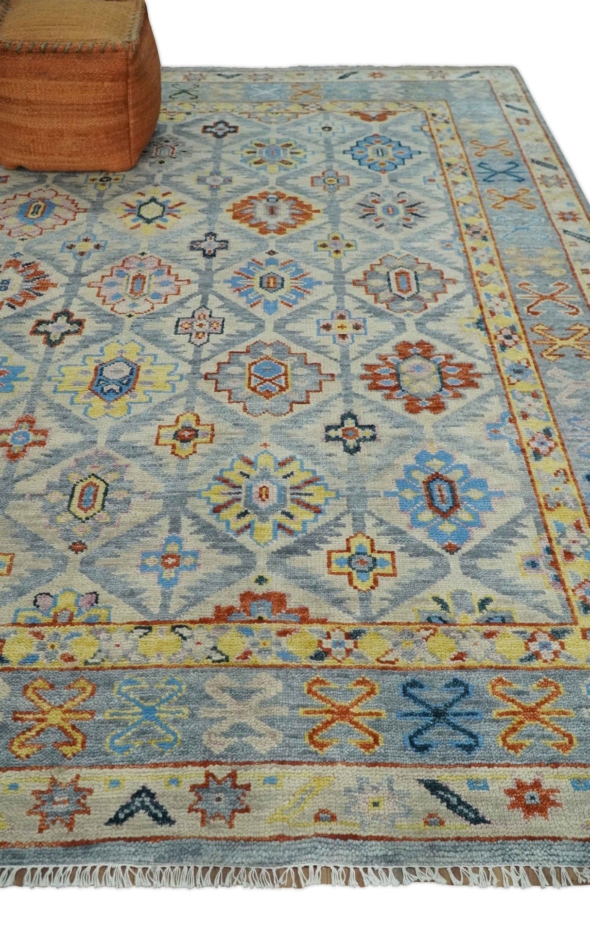 Silver and Mustard Traditional Hand Knotted Custom Made Wool Area Rug