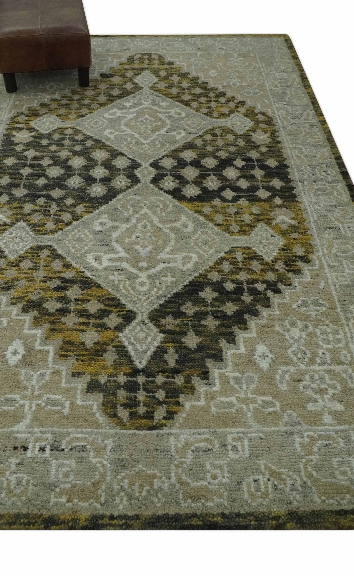 Silver, Beige, Olive and Charcoal Hand Knotted Traditional Heriz 5x8 wool Area Rug