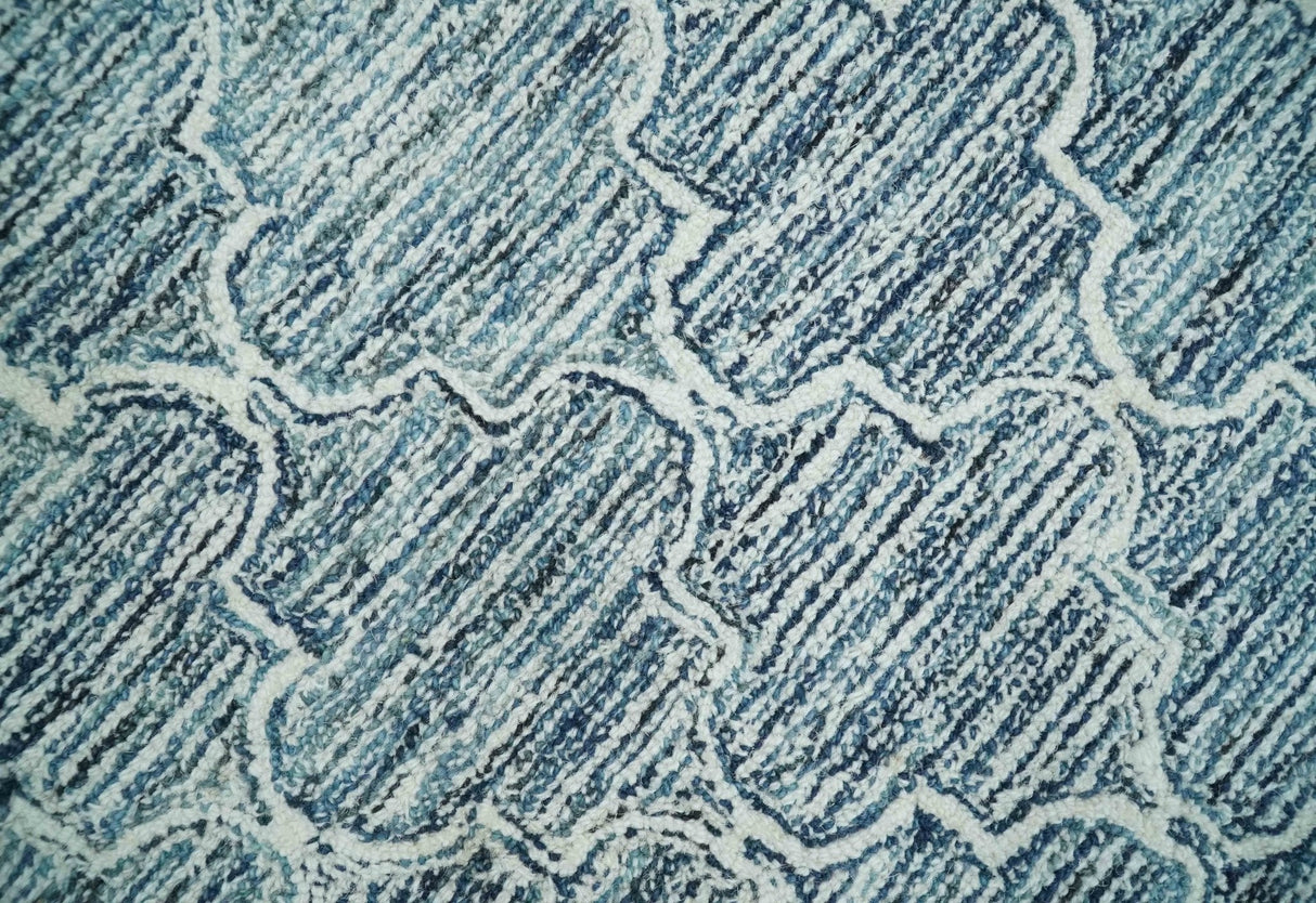 Silver, Blue and Ivory Modern Geometric Hand Tufted Multi Size Natural Wool Rug