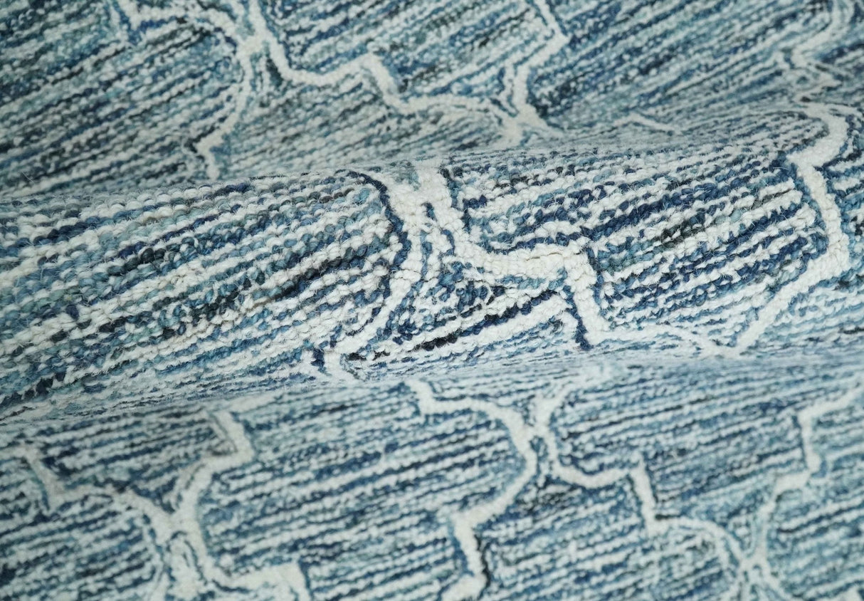 Silver, Blue and Ivory Modern Geometric Hand Tufted Multi Size Natural Wool Rug