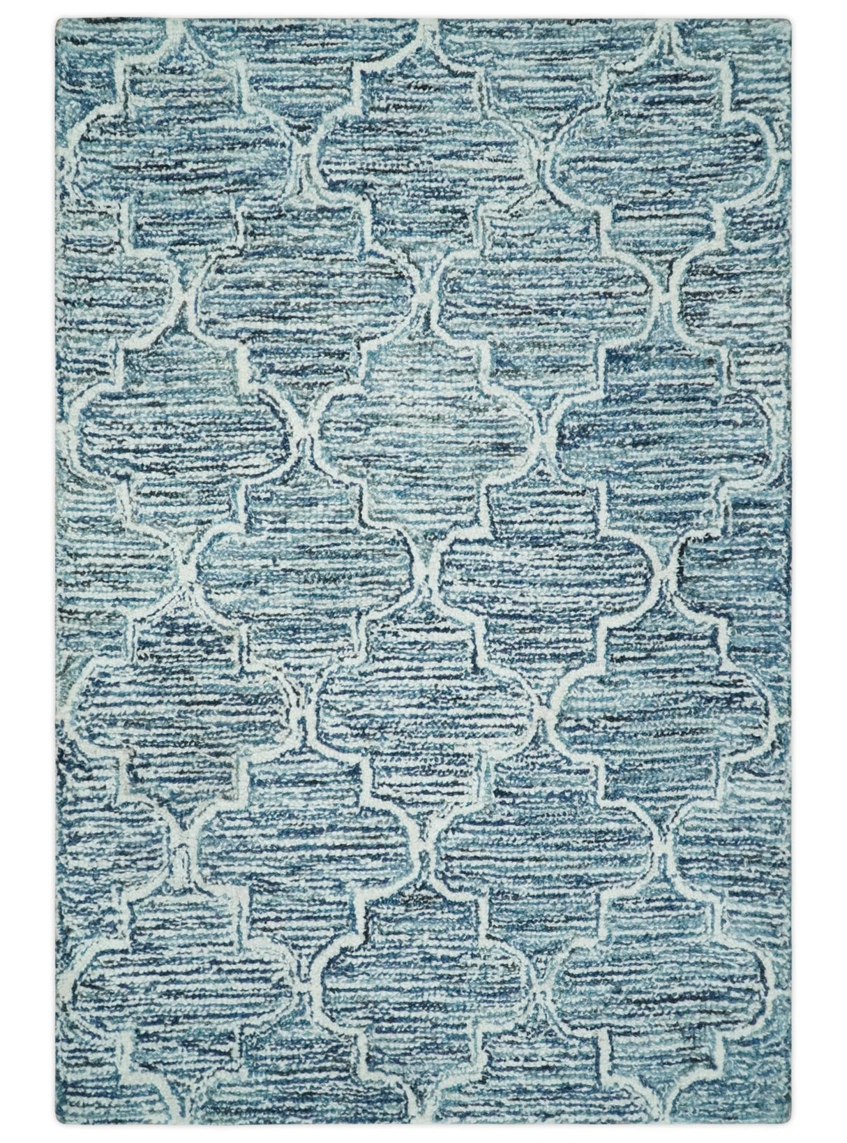 Silver, Blue and Ivory Modern Geometric Hand Tufted Multi Size Natural Wool Rug