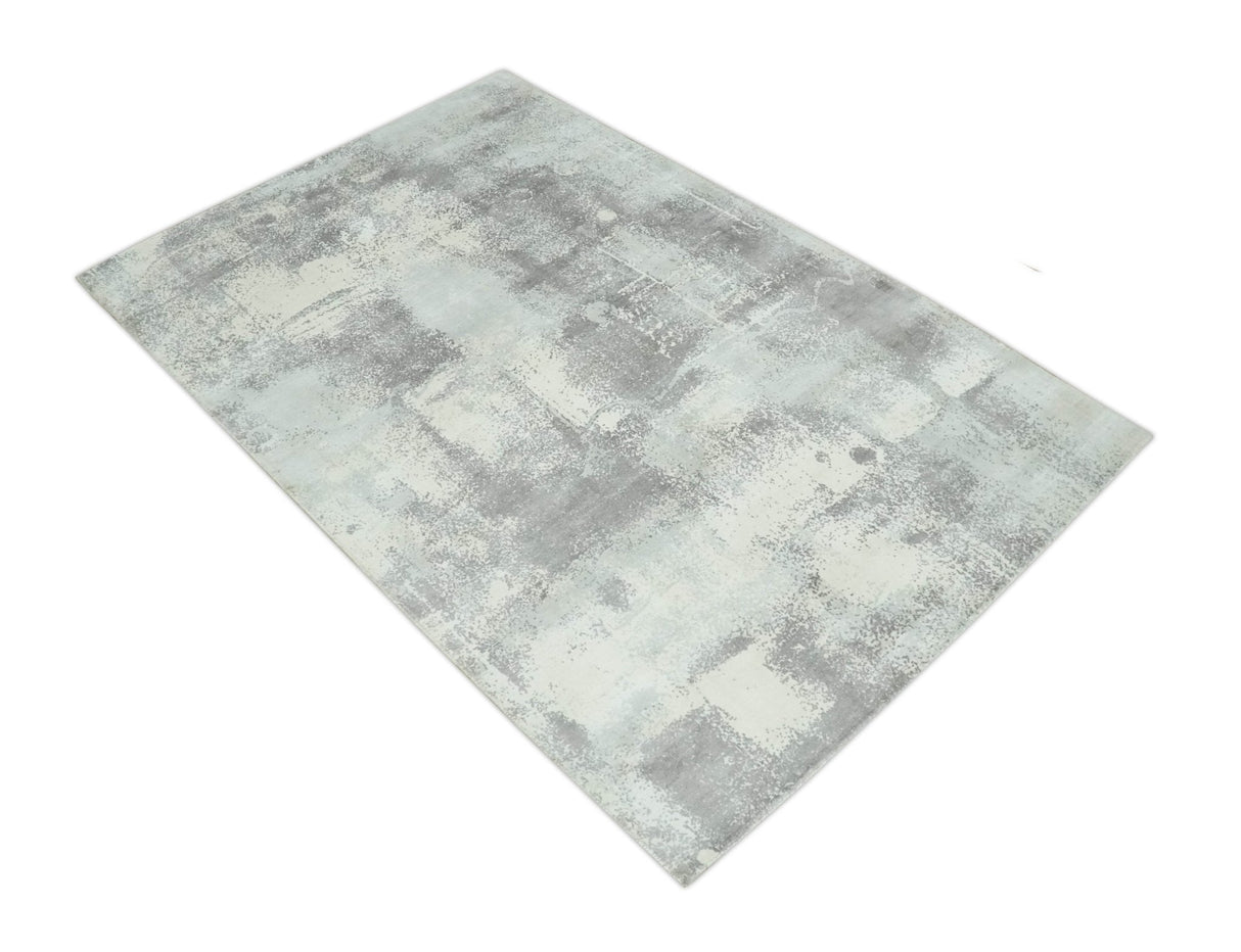 Silver, Charcoal and Ivory Modern Abstract 5x8 Hand loom viscose Area Rug