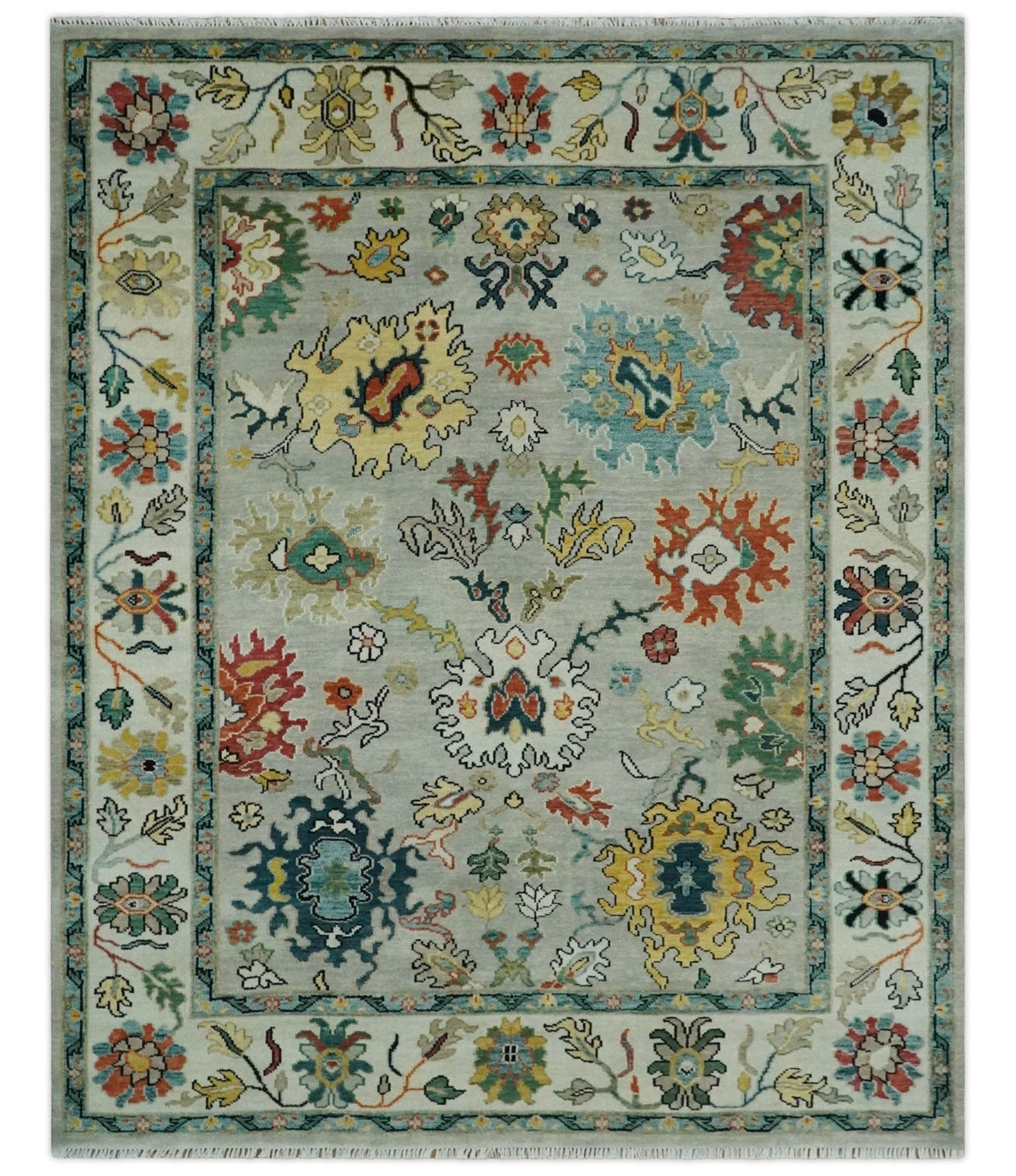 Silver, Ivory and Beige vibrant Colorful Hand knotted Multi Size Traditional Oushak wool Rug