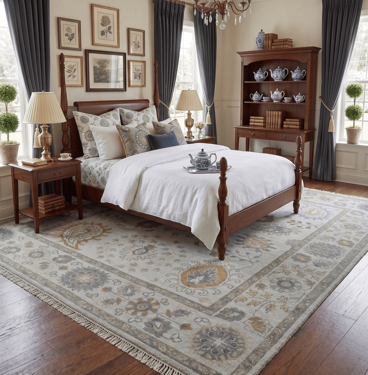 Silver, Olive and Gray Floral Herati Medallion Hand knotted Custom Made wool Area Rug