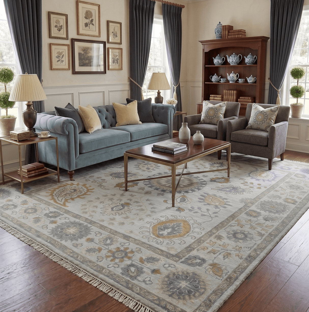 Silver, Olive and Gray Floral Herati Medallion Hand knotted Custom Made wool Area Rug