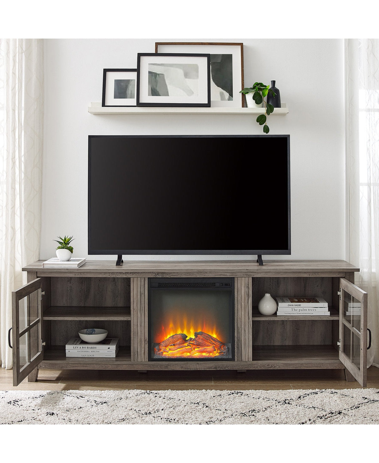 Simple Fireplace Console with Glass Doors-Fireplace-Parc Decor