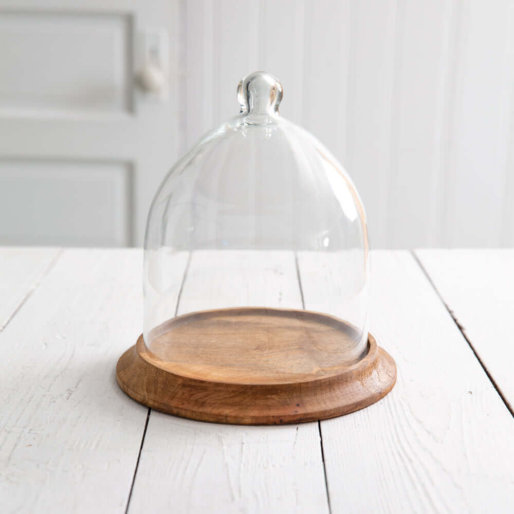 Small Glass Bell Shaped Cloche with Wooden Base-Kitchenware-Parc Decor