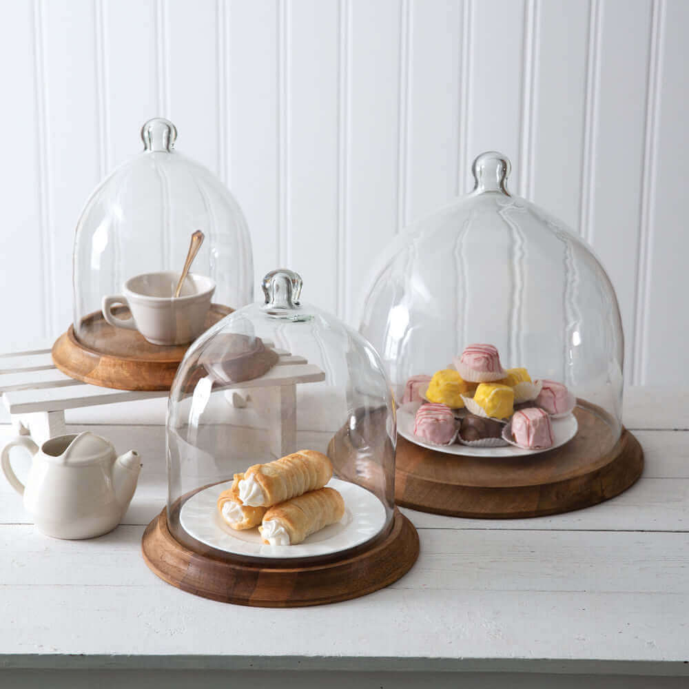 Small Glass Bell Shaped Cloche with Wooden Base-Kitchenware-Parc Decor