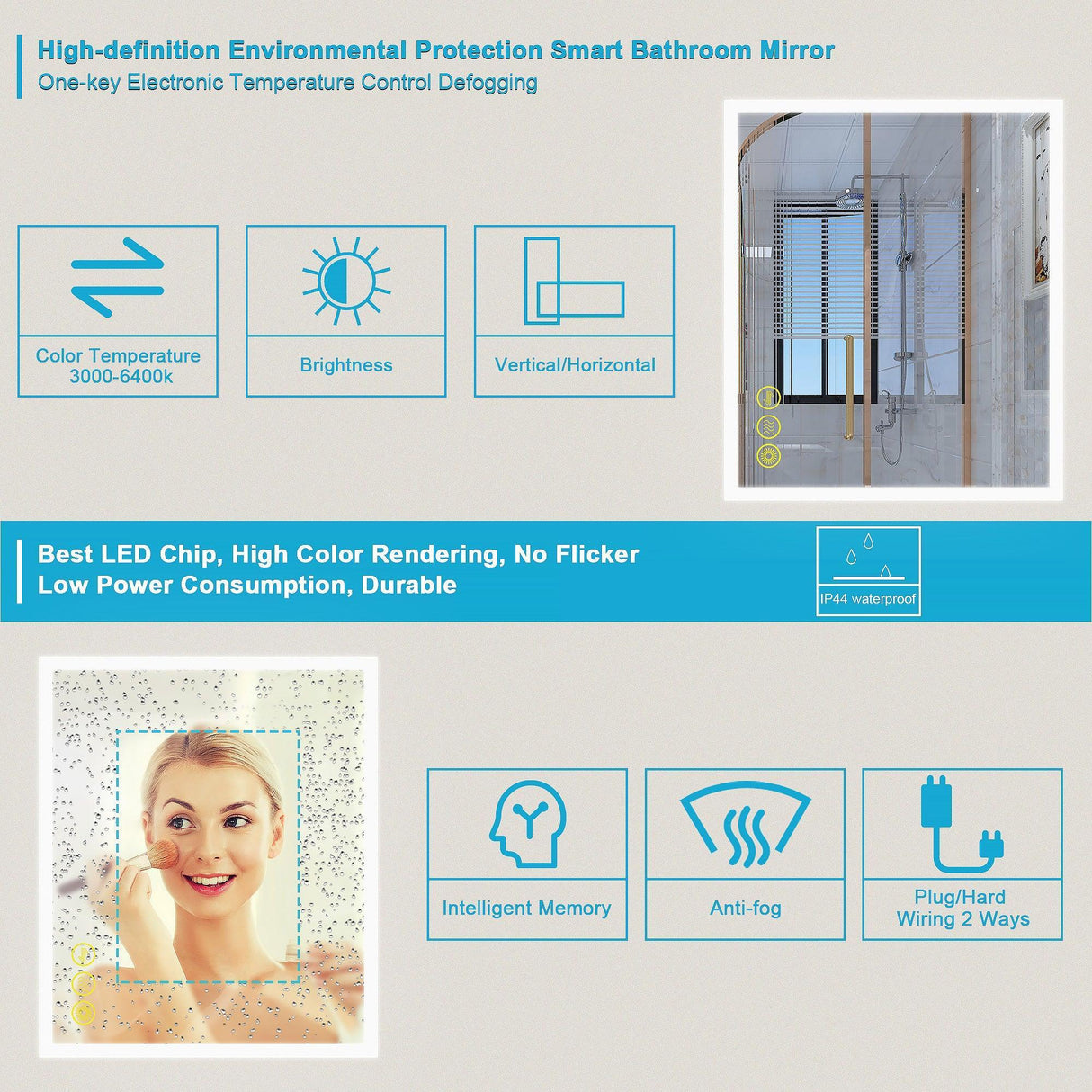 SmartGlow Dimmable LED Frameless Anti-Fog Bathroom Vanity Mirror
