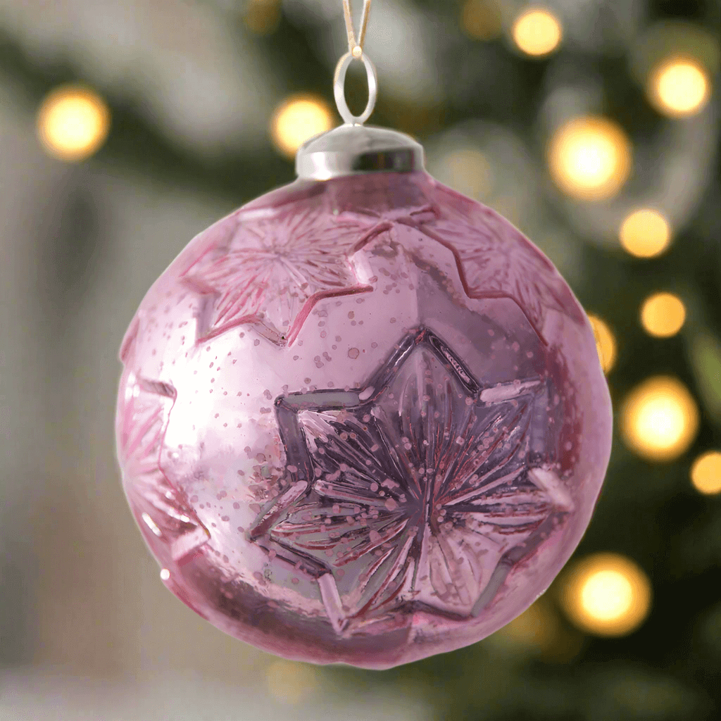 Snowflake Antique Mercury Glass Ball Christmas Ornaments in Pink (Set of 4)-christmas decor-Parc Decor