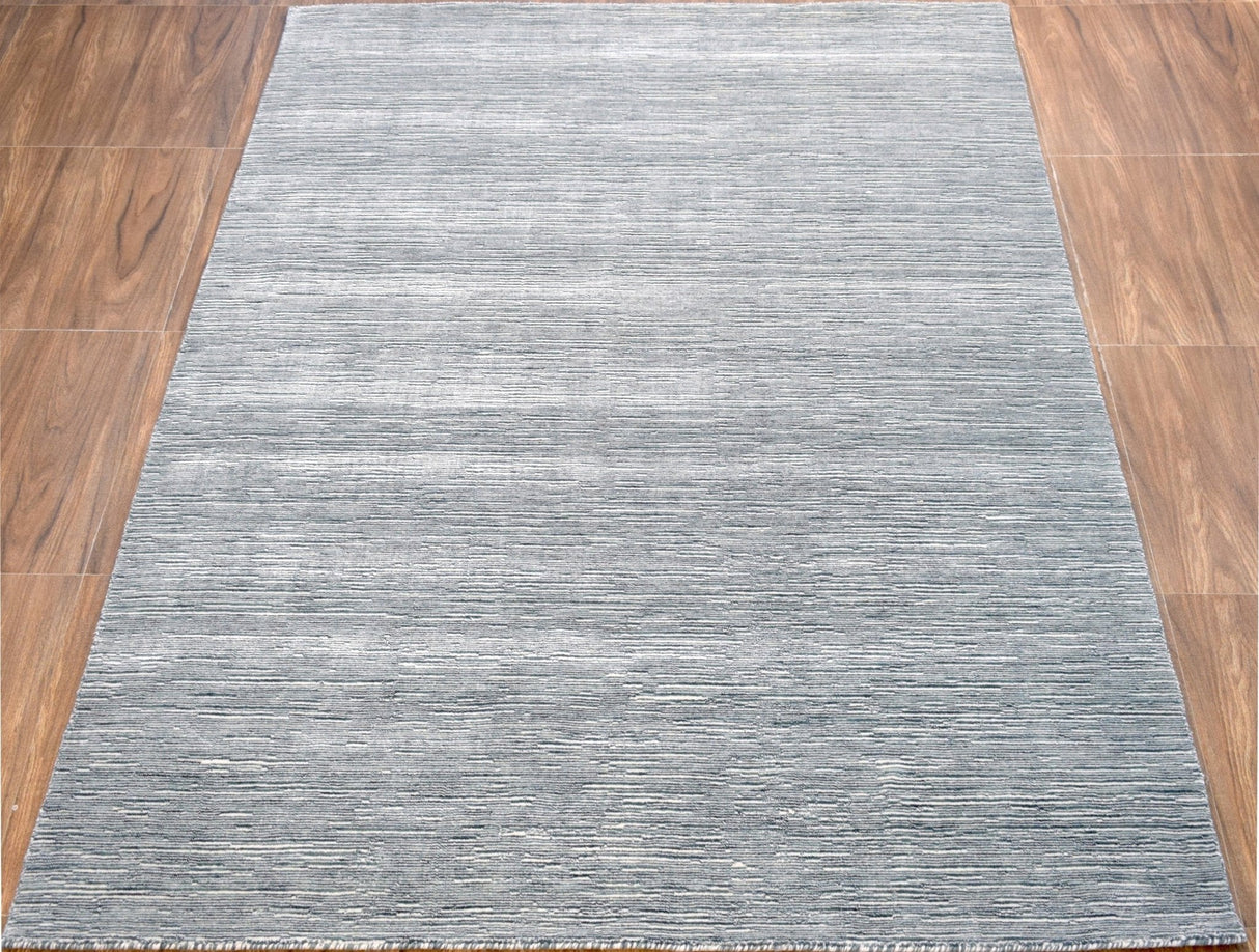 Solid Blue and Silver Wool And Viscose 5x8 Area Rug