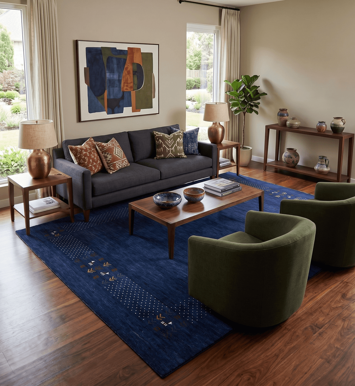 Solid Blue Border Patterns Hand Loomed Wool Area Rug