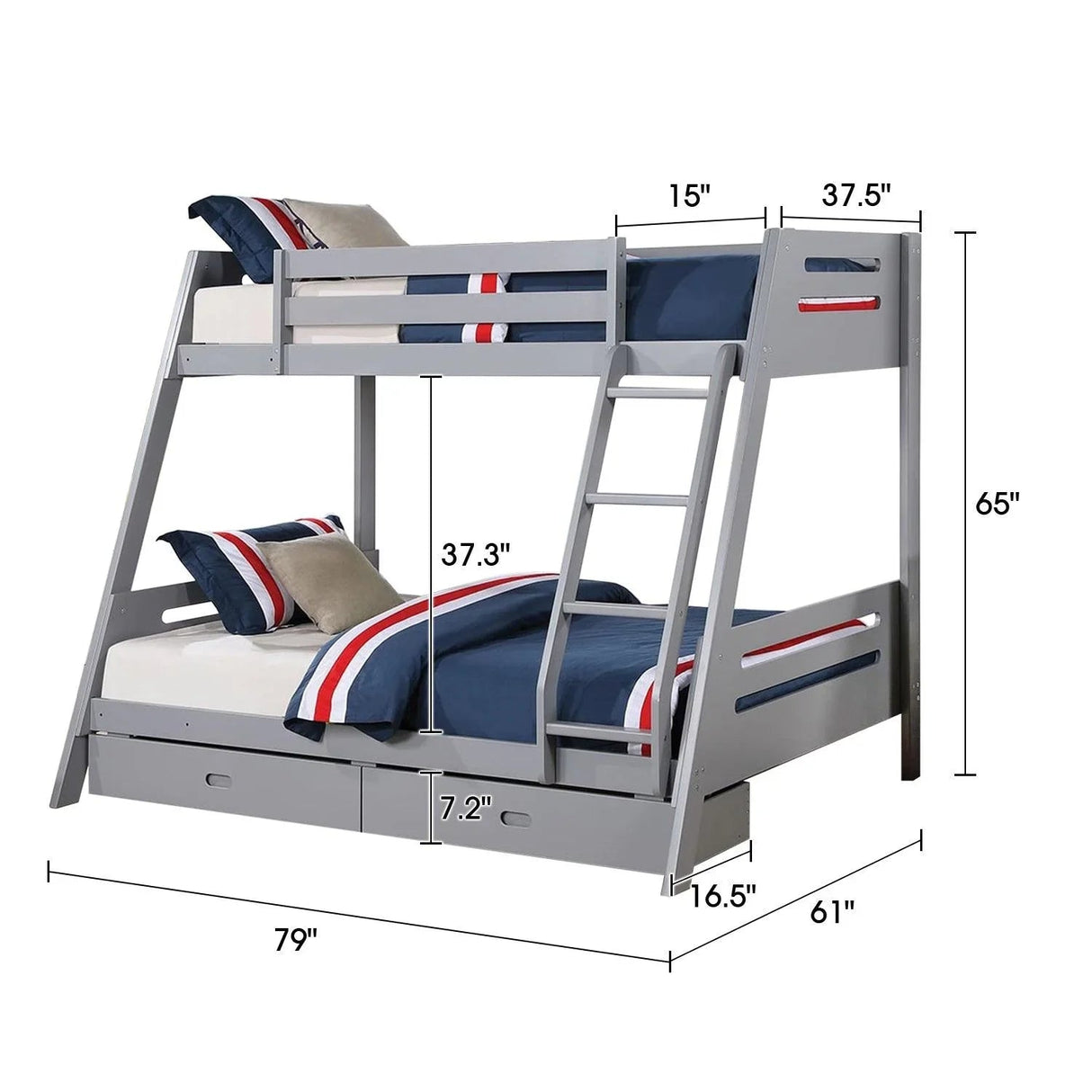 Solid Wood Twin / Full Bunk Bed with Reversible Angled Ladder and Underbed Drawers
