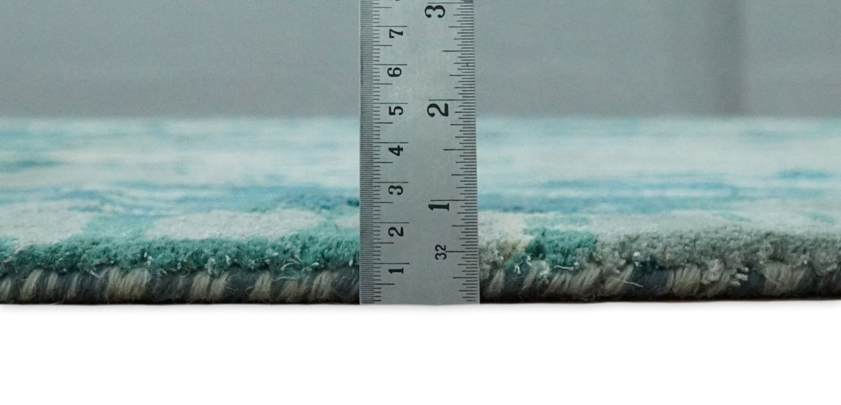 Square 9x9 Green, Silver and Beige Modern Abstract Handmade Wool and Art Silk Area Rug | BAN2-Area Rug-Parc Decor