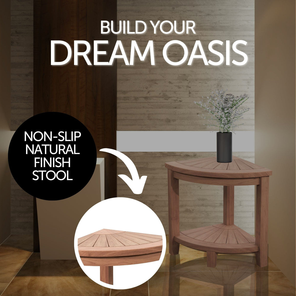 Stanley Natural Teak Shower and Bath Corner Stool with Shelf-Bench-Parc Decor