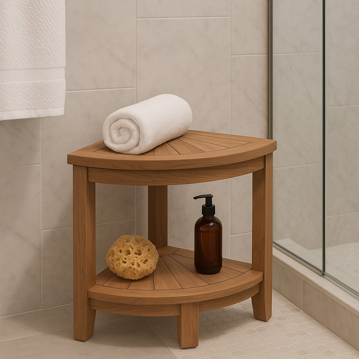 Stanley Natural Teak Shower and Bath Corner Stool with Shelf-Bench-Parc Decor