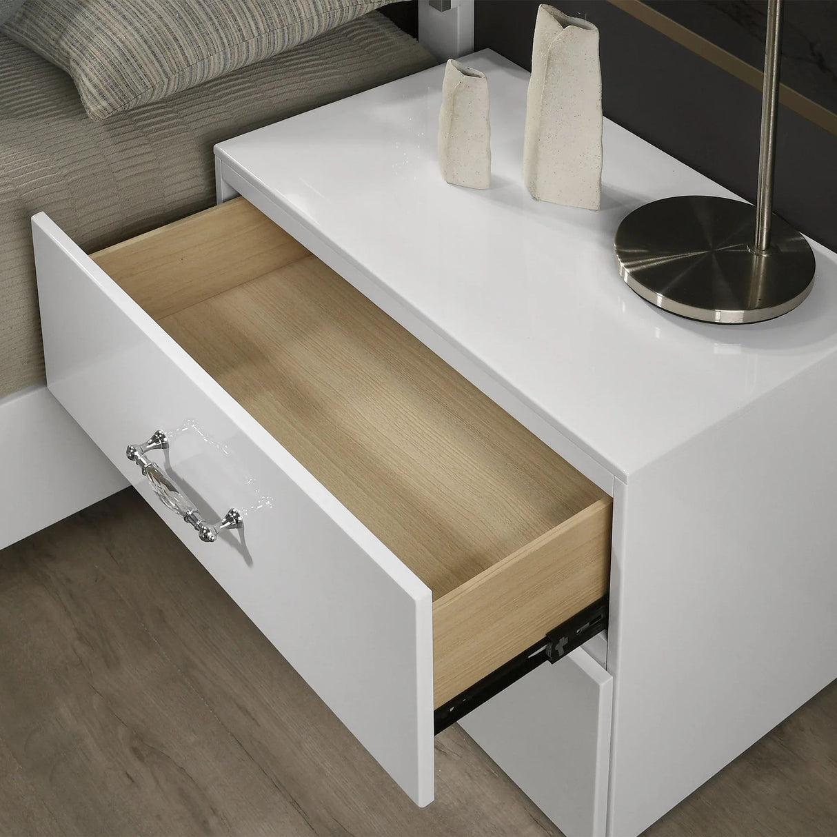 Stoholm Modern White Nightstand with 2-Drawer and Chrome Handles-床头柜-Parc Decor