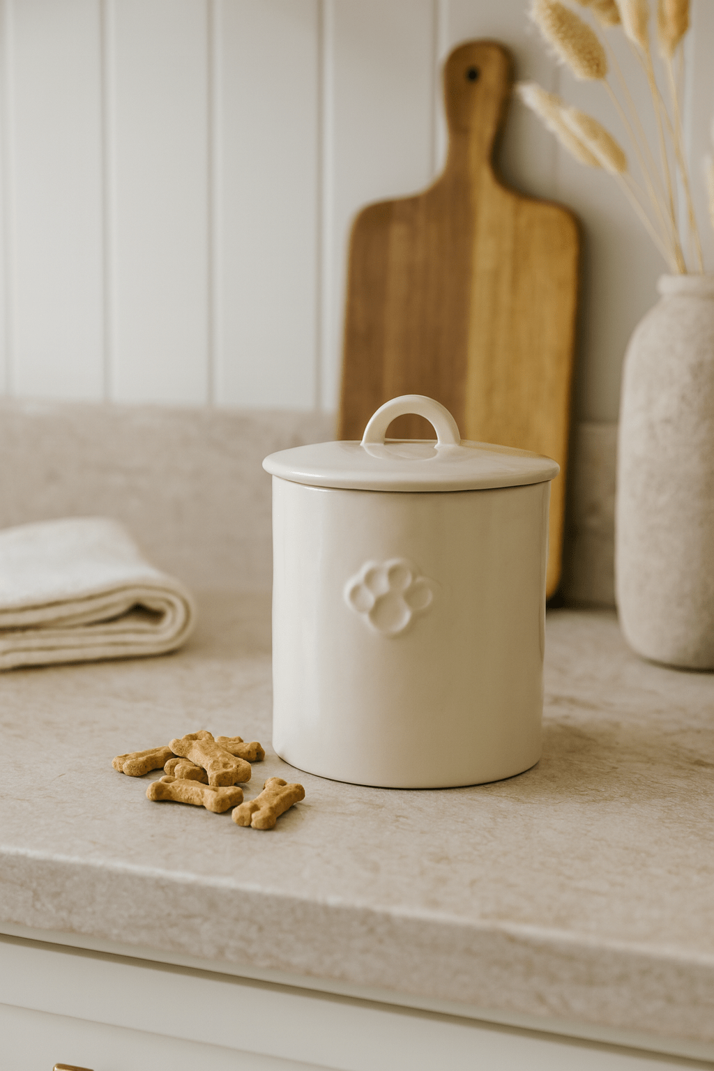 Stoneware Pet Treat Canister with Paw Print – Neutral Glaze-Jars and Cannisters-Parc Decor