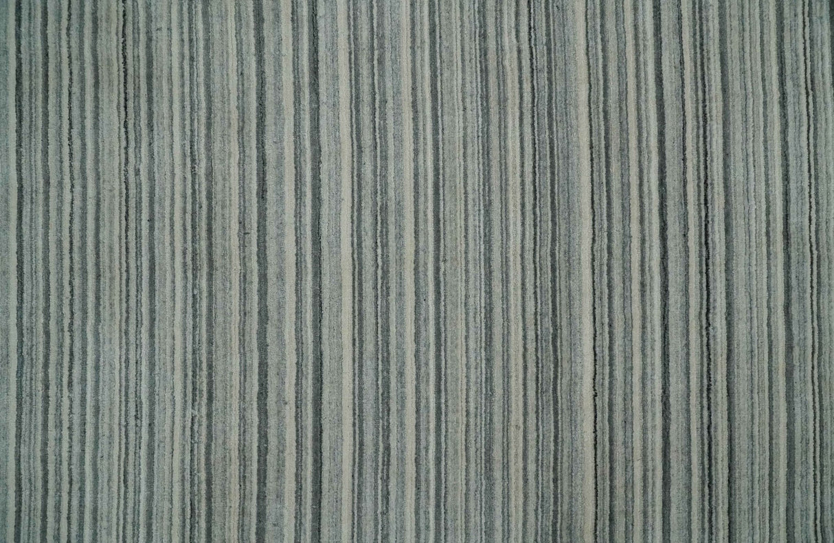 Striped 8x10 Ivory, Beige and Gray Hand Made Blended Wool Area Rug