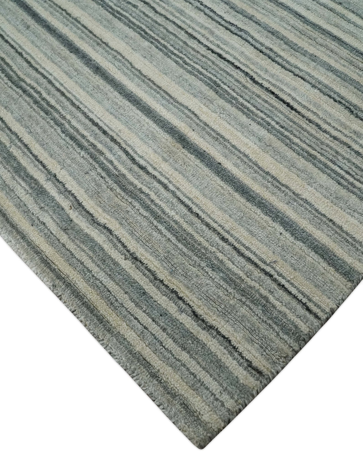 Striped 8x10 Ivory, Beige and Gray Hand Made Blended Wool Area Rug