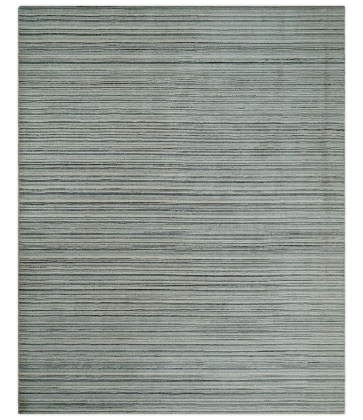 Striped 8x10 Ivory, Beige and Gray Hand Made Blended Wool Area Rug