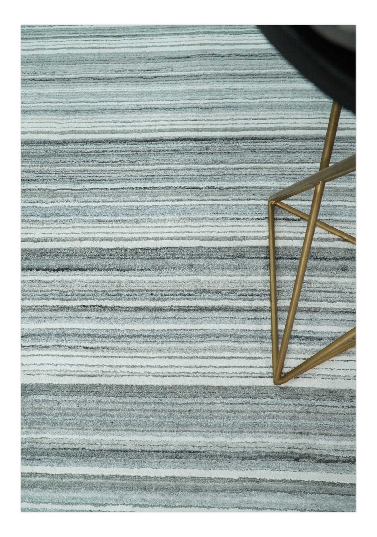Striped Flatwoven 8x10 White And Silver Hand Made Blended Wool Area Rug