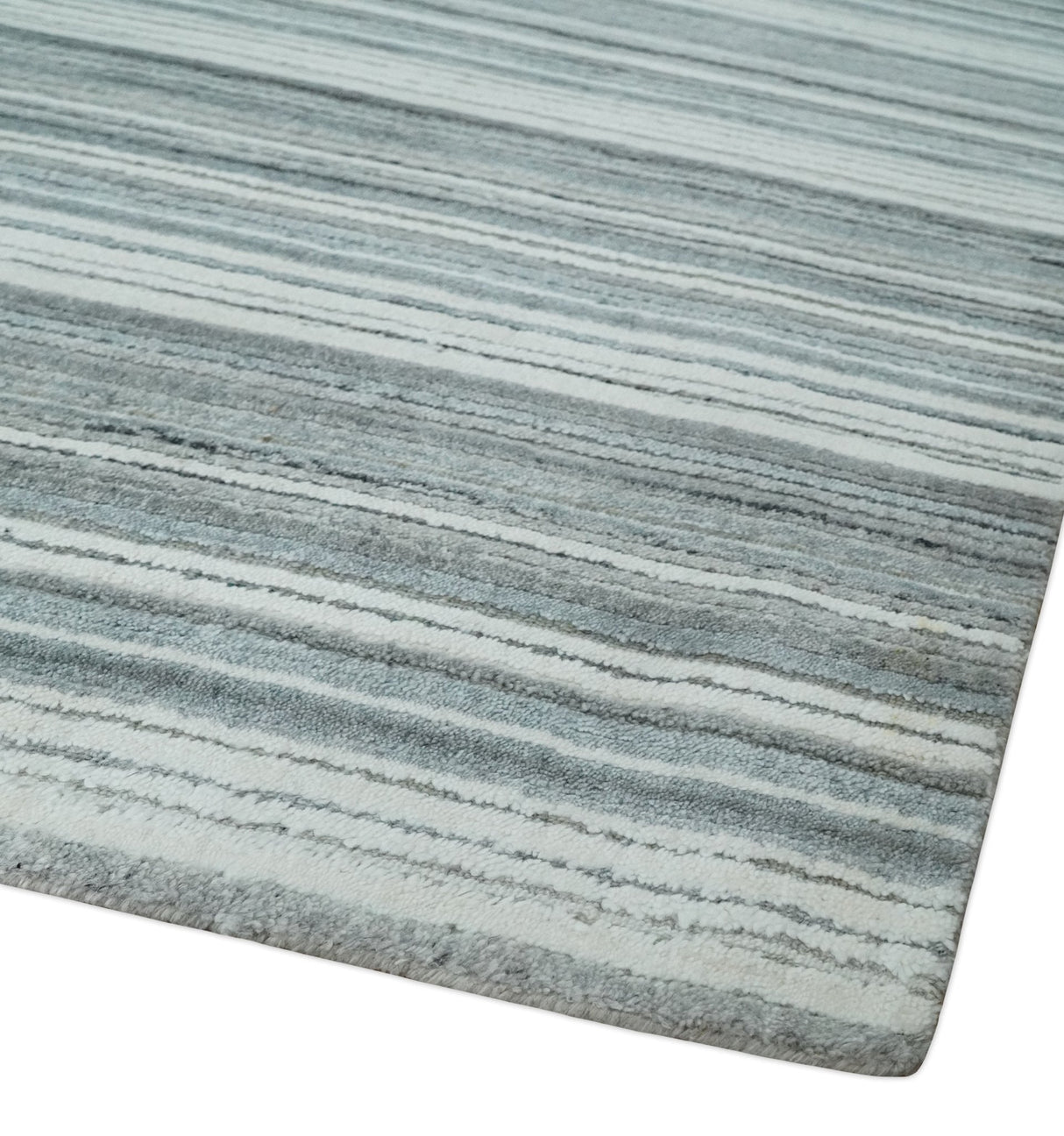 Striped Flatwoven 8x10 White And Silver Hand Made Blended Wool Area Rug