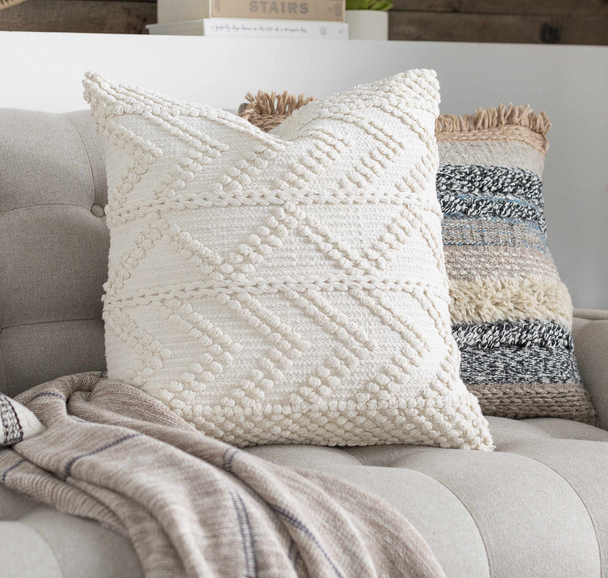 Sumiton White Textured Crochet Cotton Throw Pillow-Throw Pillows-Parc Decor