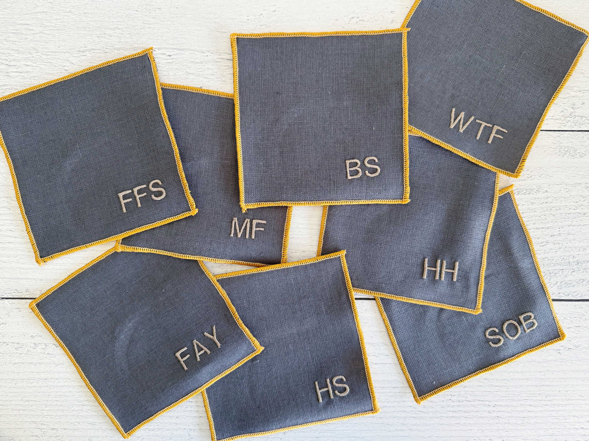 Sweary Cocktail Coasters in Grey Linen, set of eight-Coasters-Parc Decor
