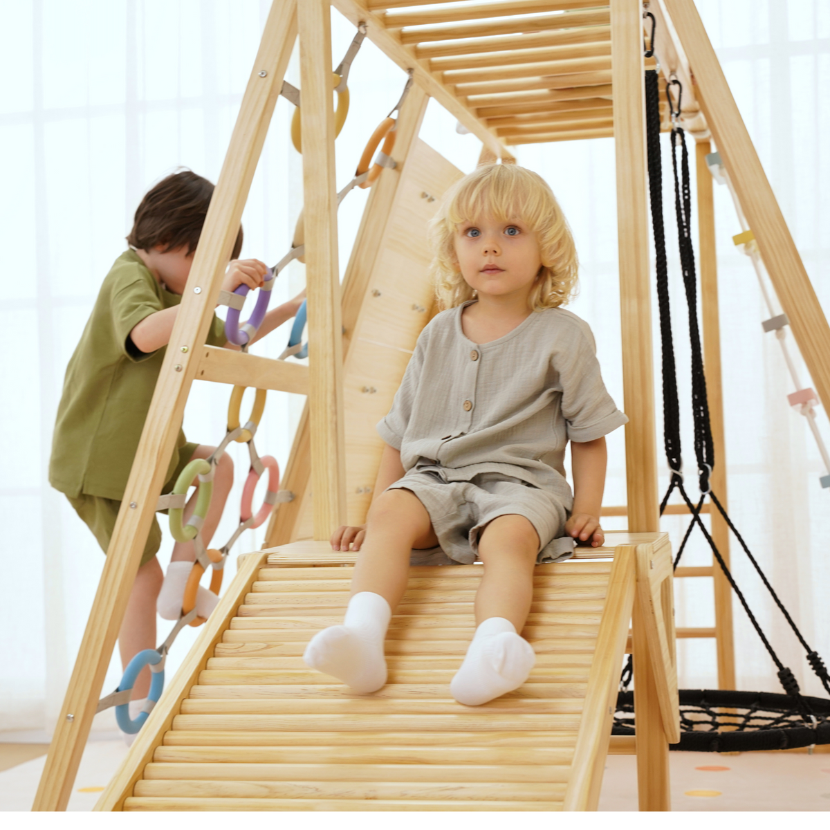 Sweetgum XL | 8-in-1 Indoor Wooden Playset with Slide, Swing & Rock Wall