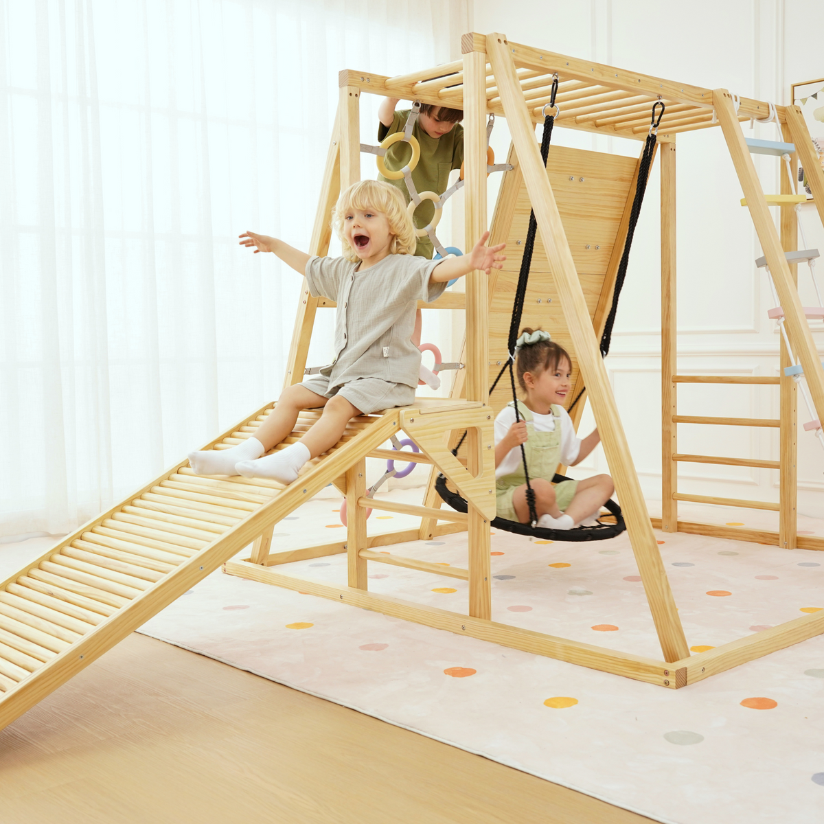 Sweetgum XL | 8-in-1 Indoor Wooden Playset with Slide, Swing & Rock Wall