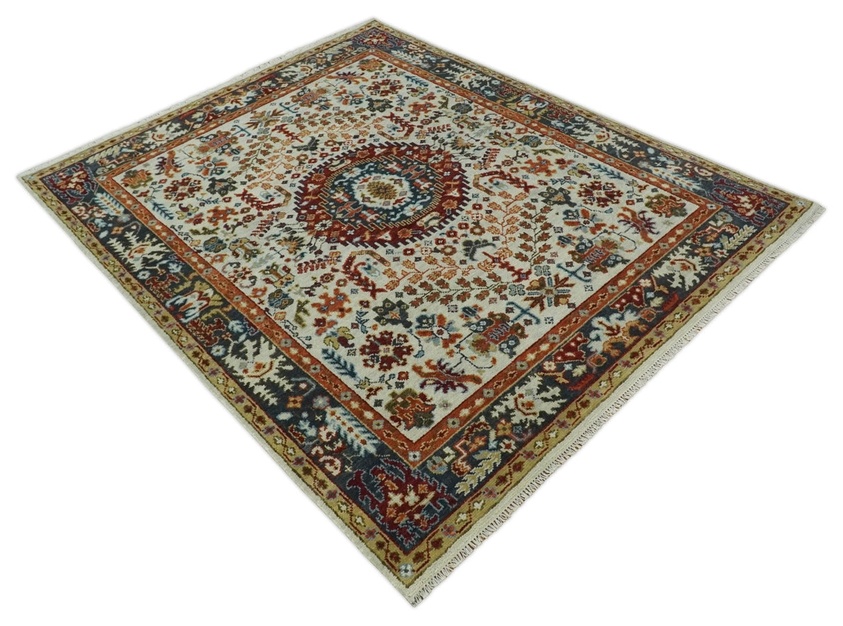 Tabriz Antique Hand Knotted Traditional Ivory and Rust Multi Size Wool Rug