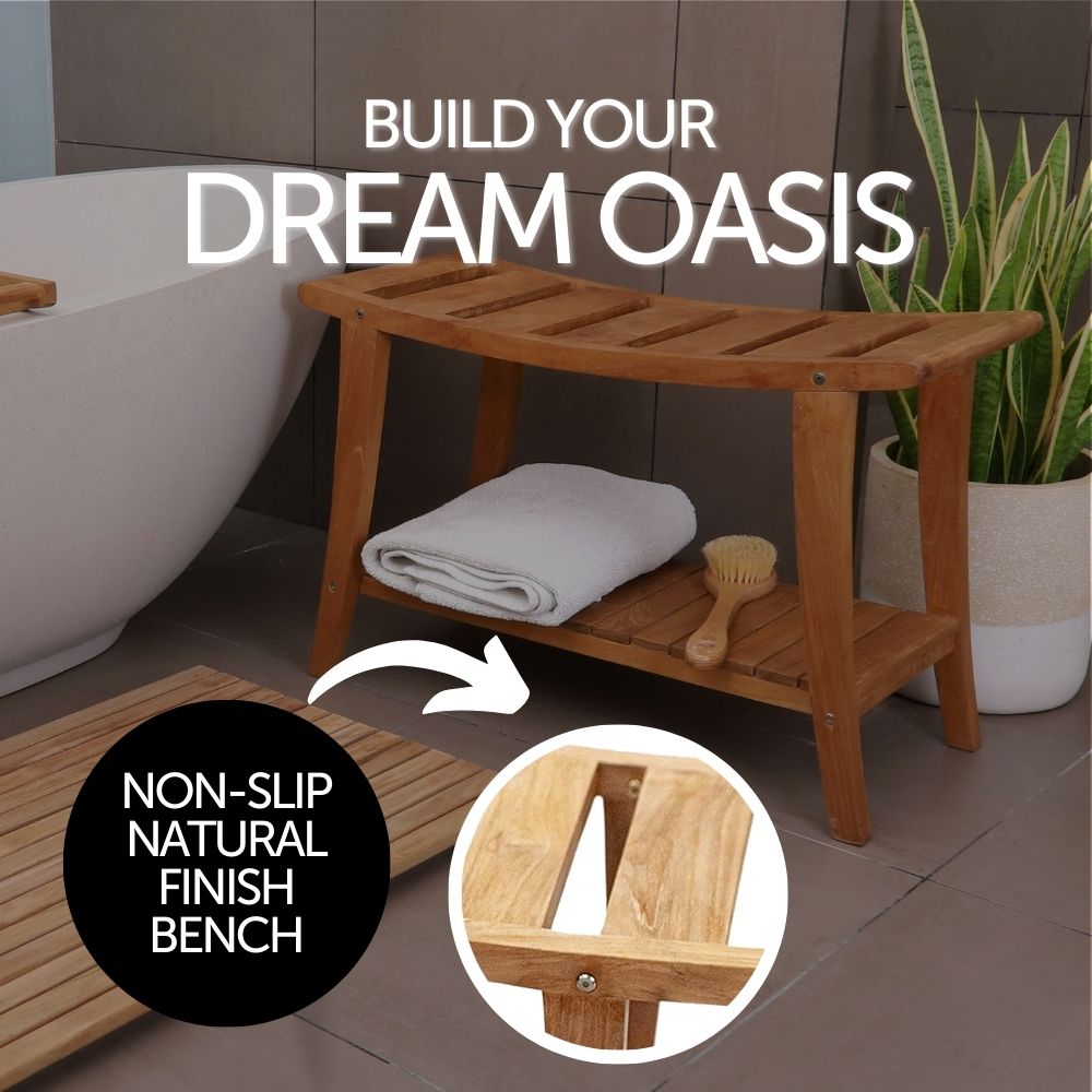 Taipei Natural Teak Shower and Bath Curved Spa Bench with Shelf-Parc Decor