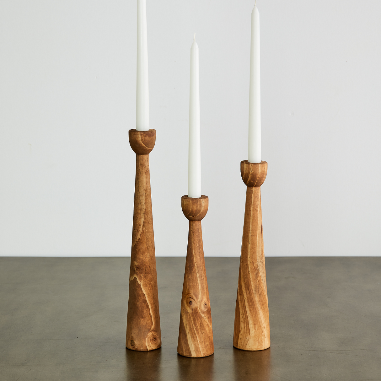Tapered Candlestick Holder Pine Wood Cognac, Espresso, Natural-Candlesticks-Parc Decor