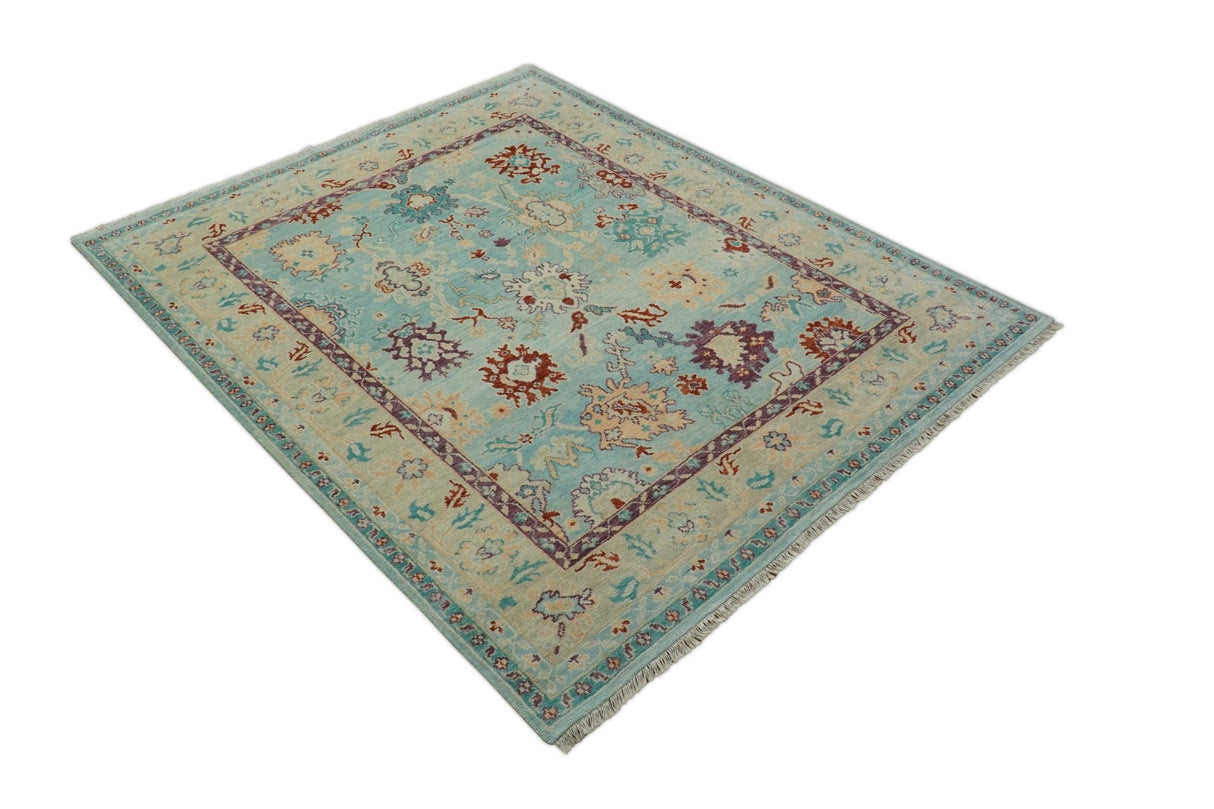 Teal And Beige Traditional Oushak Hand Knotted Wool Area Rug