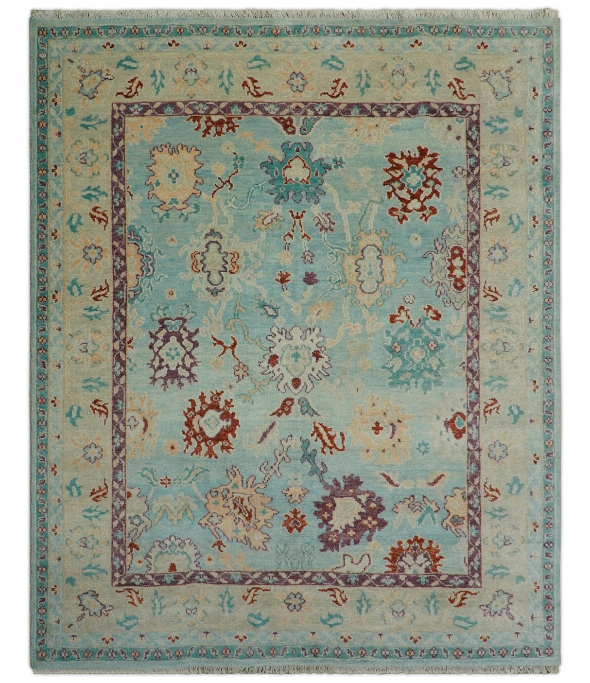 Teal And Beige Traditional Oushak Hand Knotted Wool Area Rug