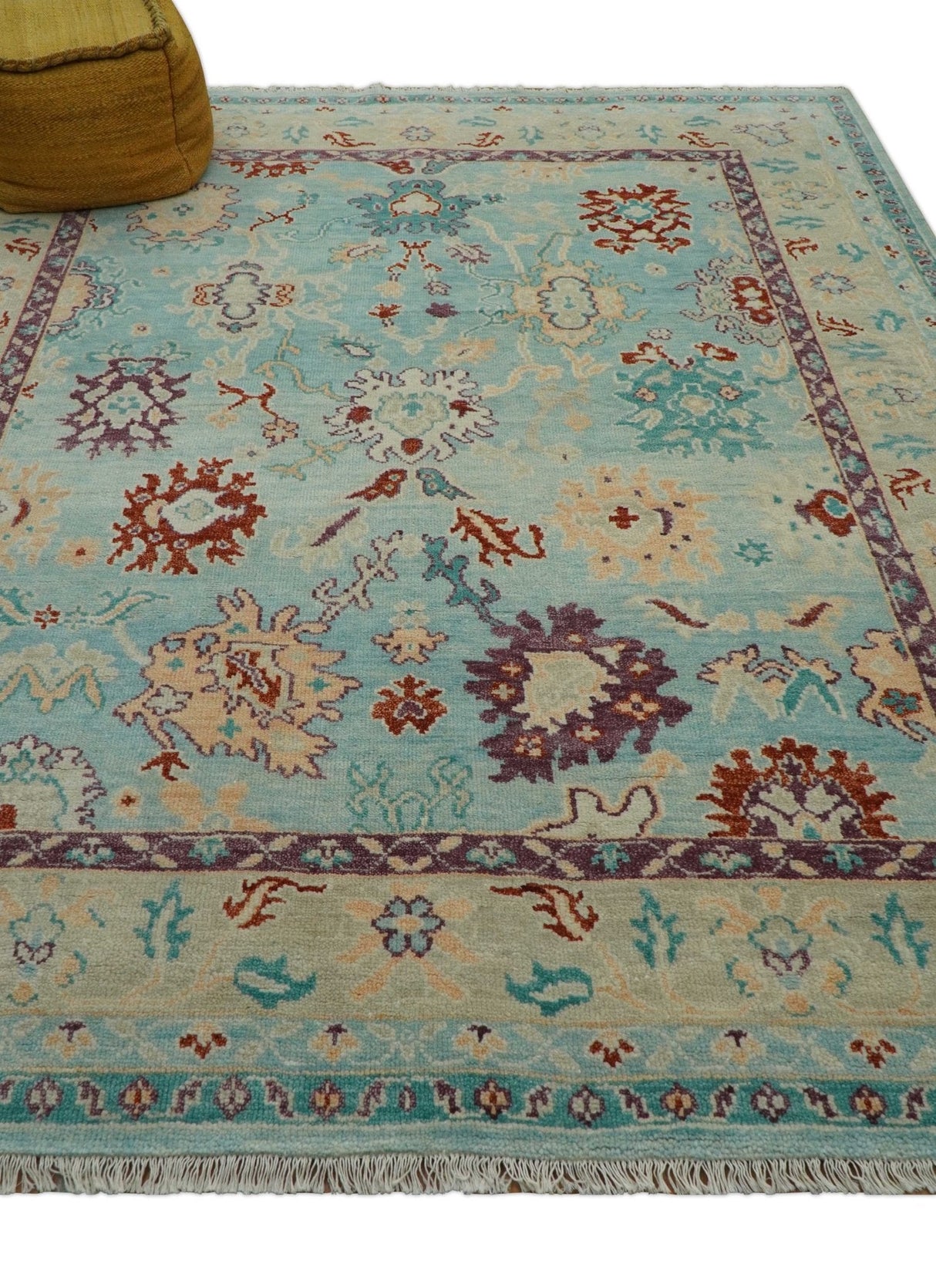 Teal And Beige Traditional Oushak Hand Knotted Wool Area Rug