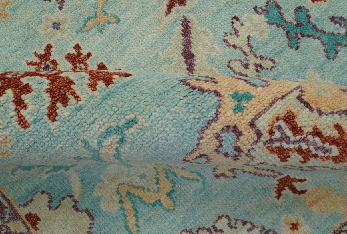 Teal And Beige Traditional Oushak Hand Knotted Wool Area Rug