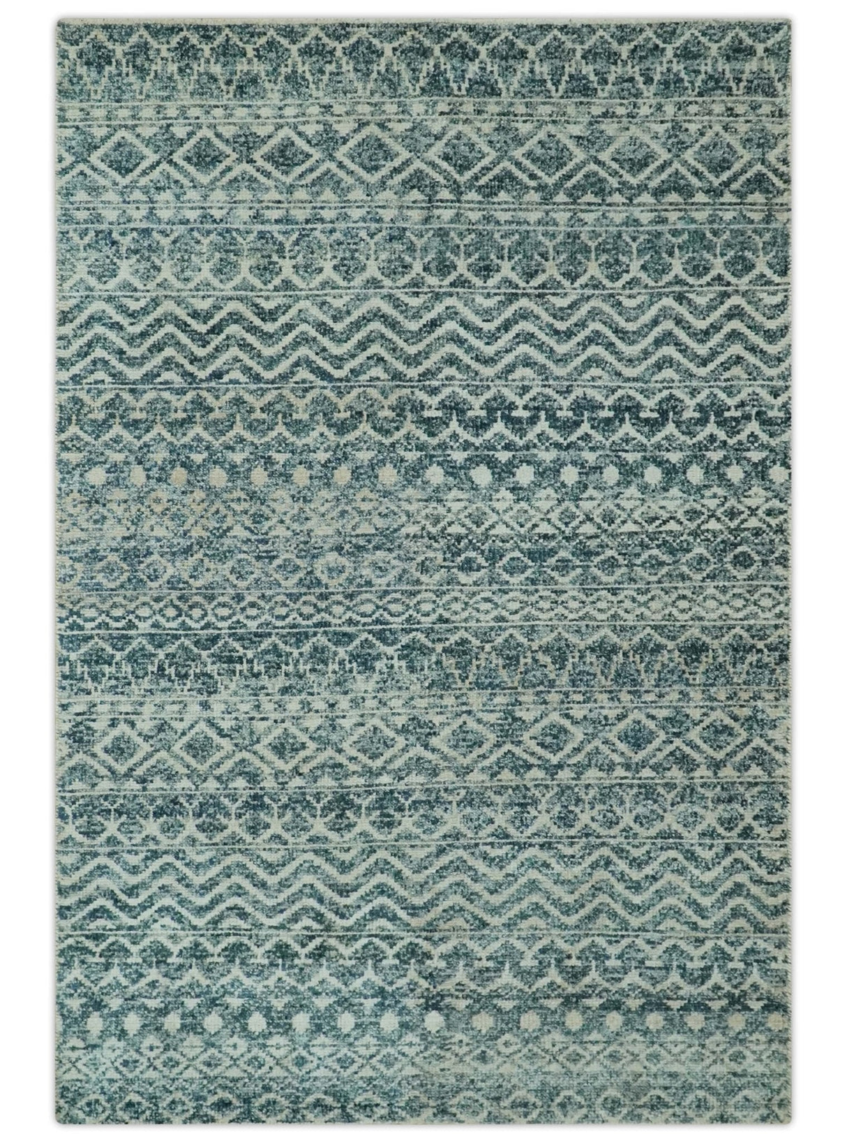 Teal and Ivory 5.6x8.6 Southwestern Tribal Trellis Recycled Art Silk Area Rug-Area Rug-Parc Decor